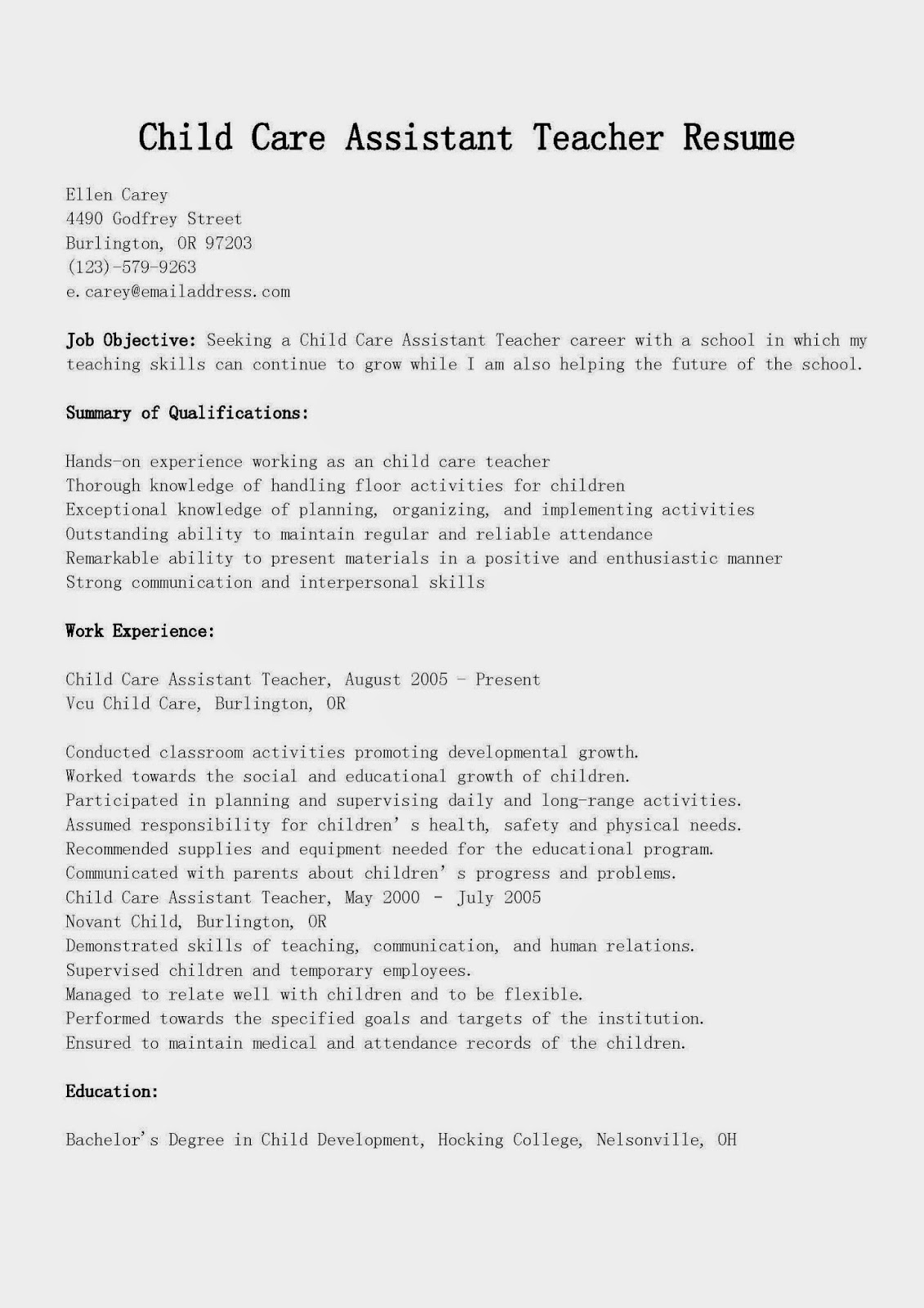 Example resume childcare worker